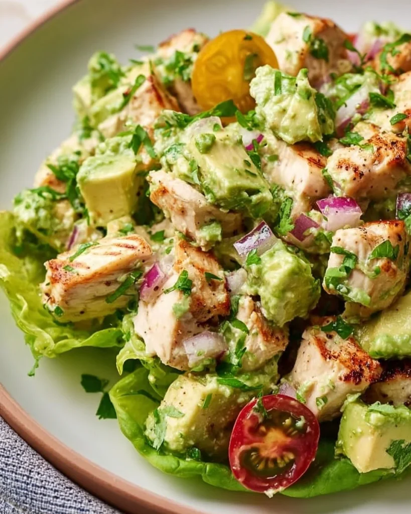 Healthy Avocado Chicken Salad with fresh ingredients