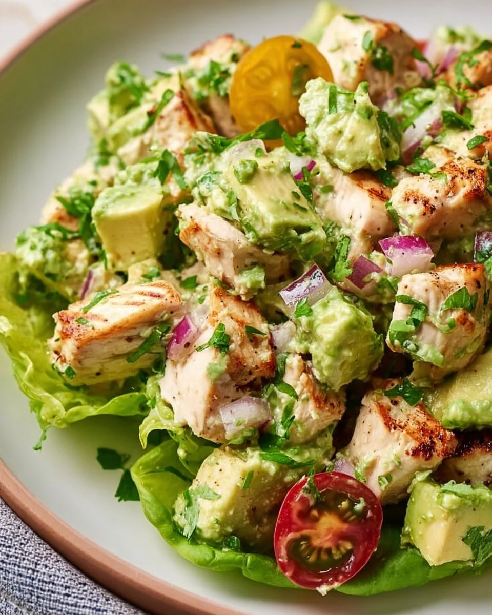 Healthy Avocado Chicken Salad with fresh ingredients