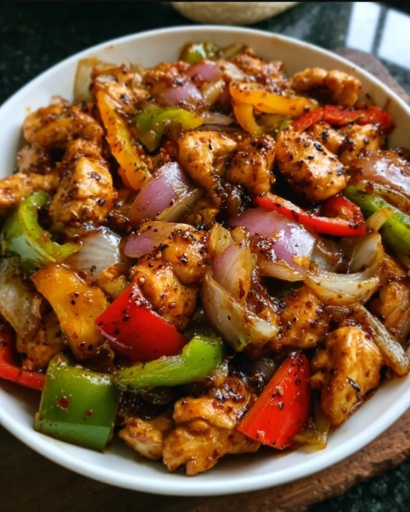 Delicious black pepper chicken garnished with fresh herbs