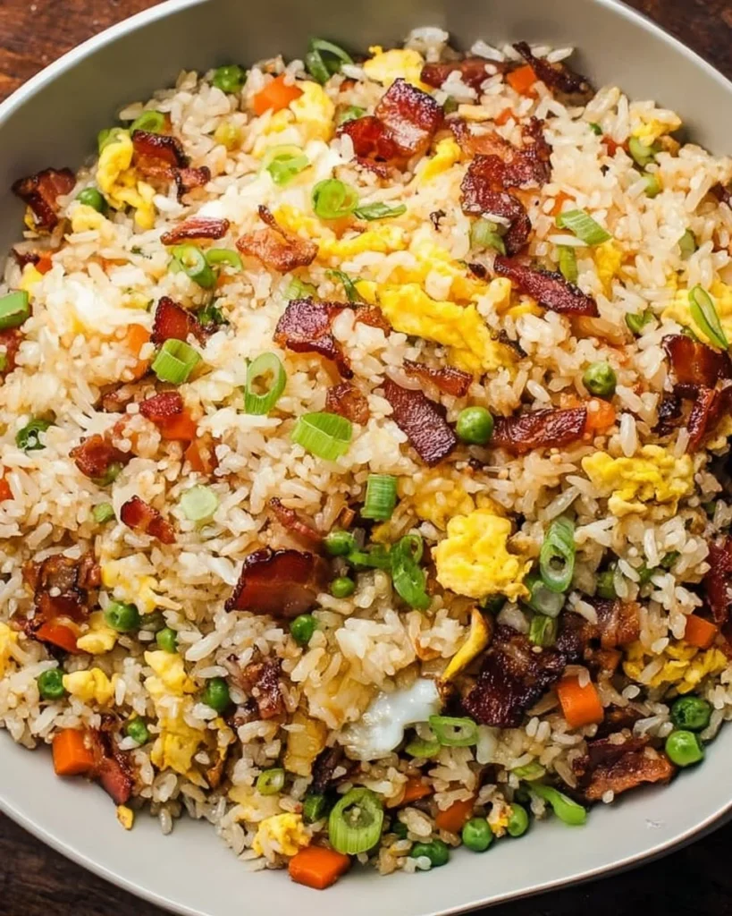 Plate of Breakfast Fried Rice with vegetables and eggs