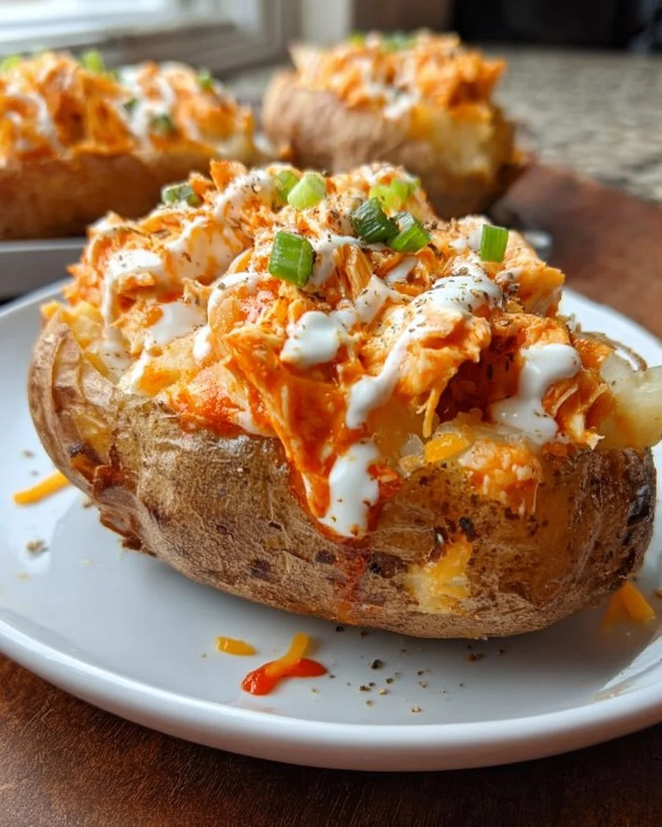 Buffalo chicken twice baked potatoes topped with cheese and scallions