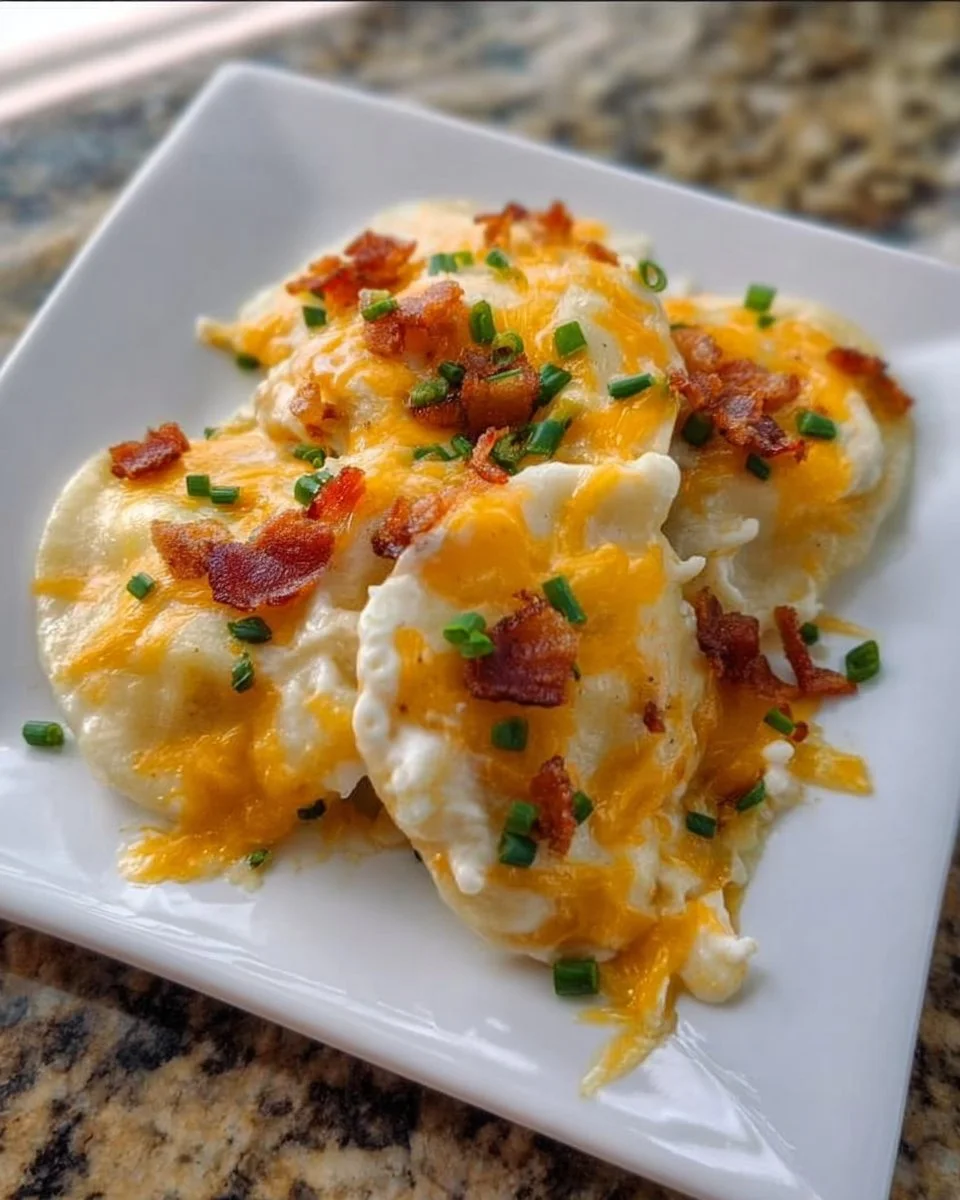 Cheddar Bacon Ranch Pierogi Bake fresh out of the oven