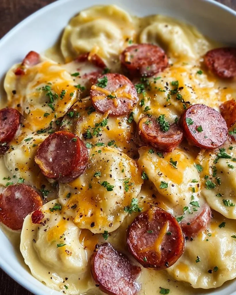 Crockpot pierogi casserole with kielbasa served on a plate