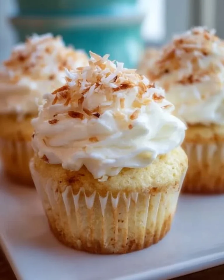 Coconut Cream Pie Cupcakes topped with creamy frosting and coconut flakes