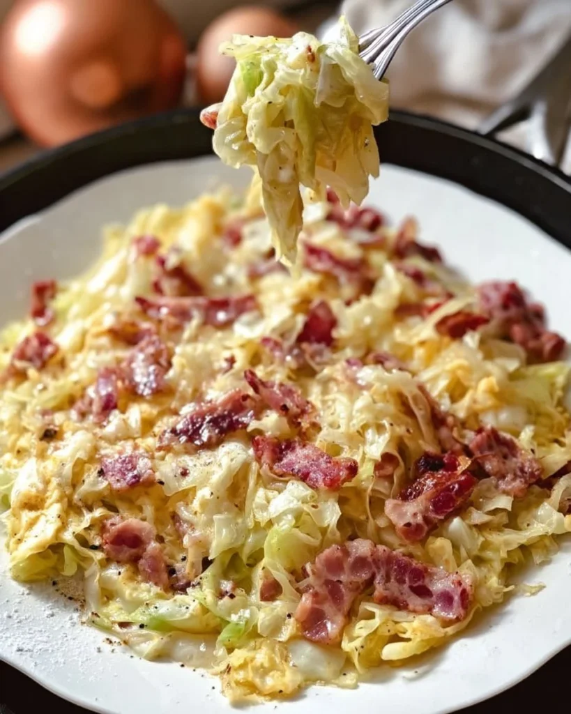 Creamy cabbage carbonara dish ready to be served