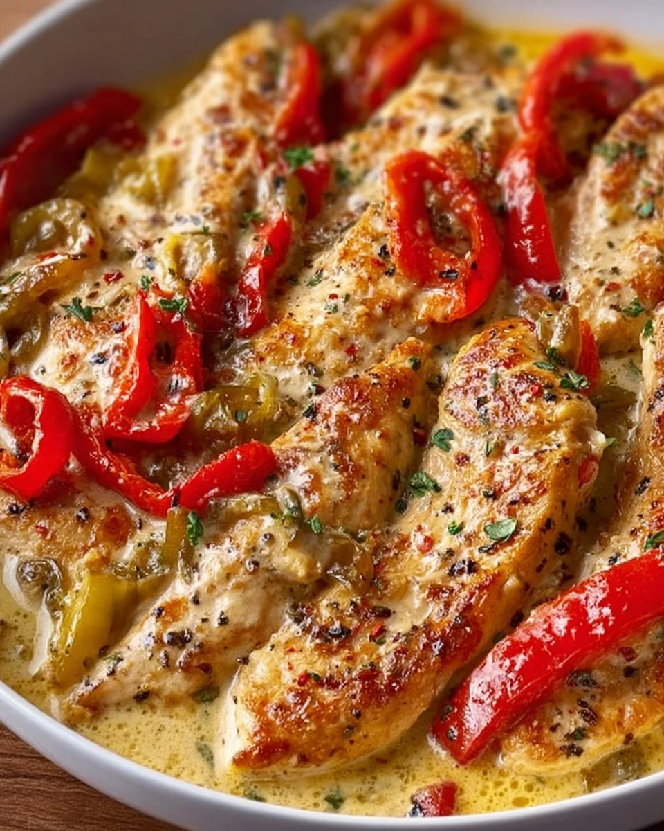 Creamy Garlic Pepperoncini Chicken Skillet garnished with herbs in a cast-iron skillet