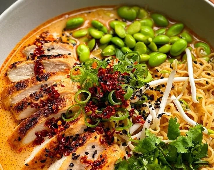 Creamy Marry Me Chicken Ramen served in a bowl with fresh herbs