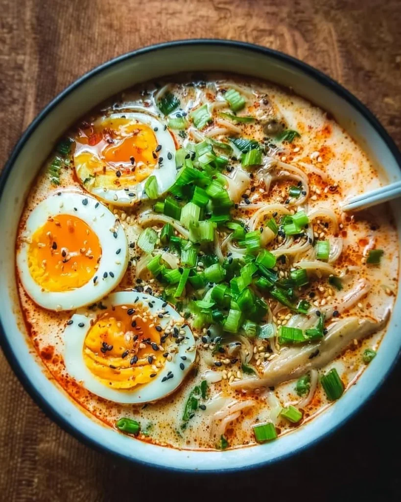 Creamy miso noodle soup served in a bowl, garnished with herbs and vegetables