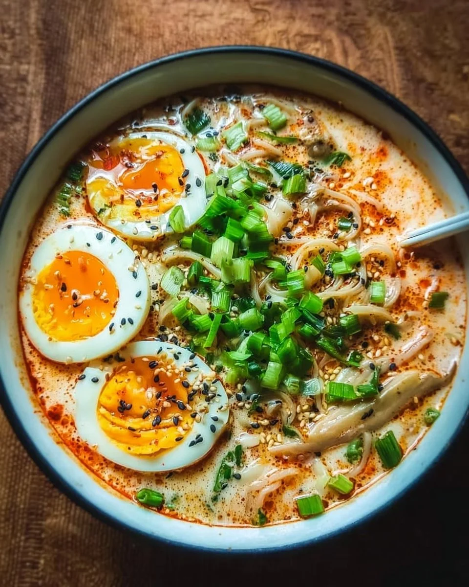 Creamy miso noodle soup served in a bowl, garnished with herbs and vegetables