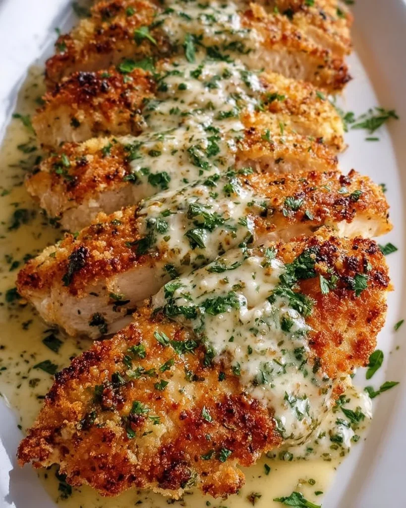 Creamy Parmesan Baked Chicken with Caesar dressing and herbs