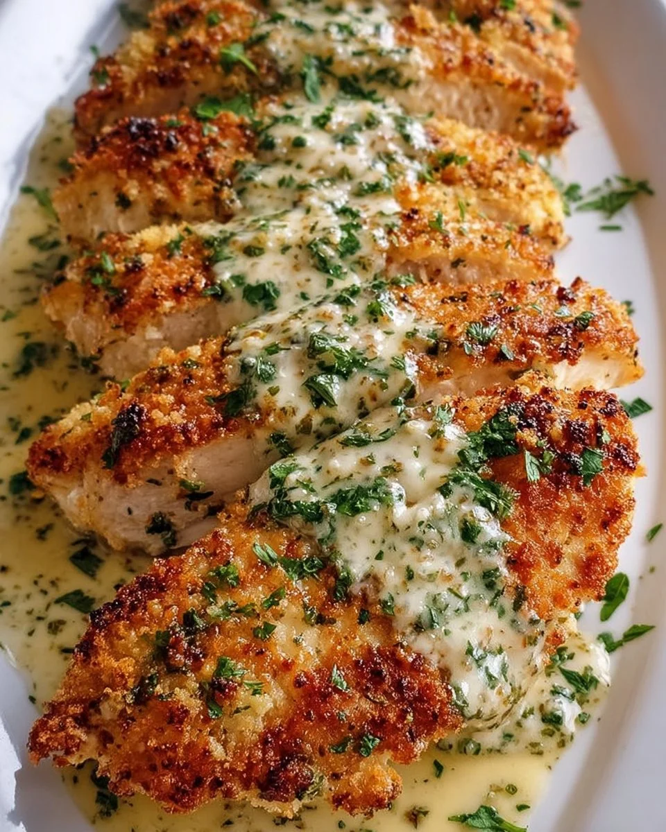 Creamy Parmesan Baked Chicken with Caesar dressing and herbs