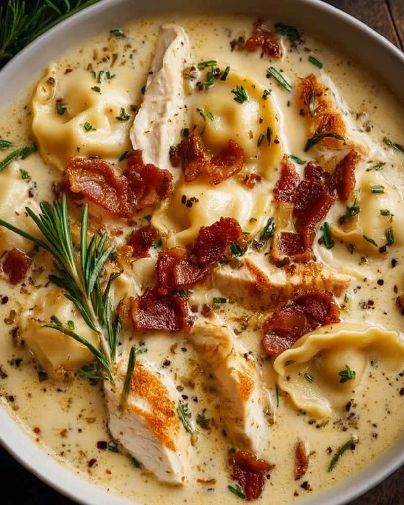 Bowl of creamy Pierogi Chicken Soup with rosemary and crispy bacon