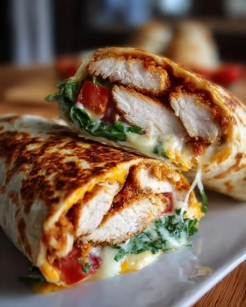 Crispy cheesy chicken wrap filled with chicken, cheese, and fresh ingredients