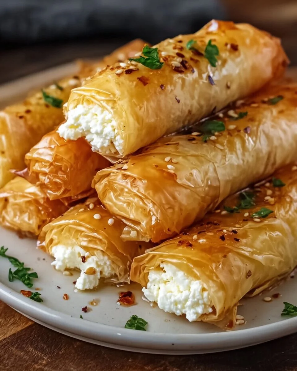 Delicious crispy feta rolls plated for serving