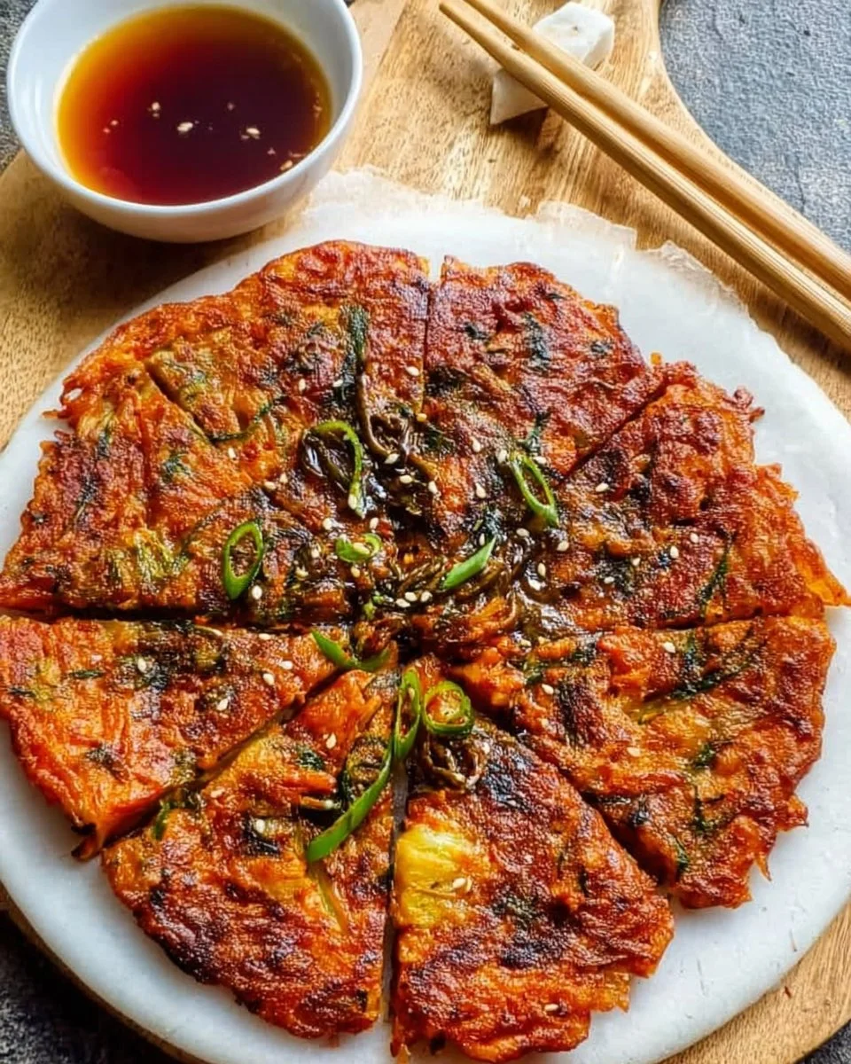 Crispy Kimchi Pancake (Kimchijeon) served on a plate