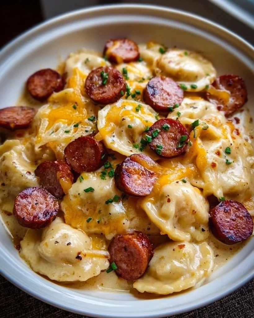Crock Pot Pierogi Casserole with Sausage topped with cheese and herbs