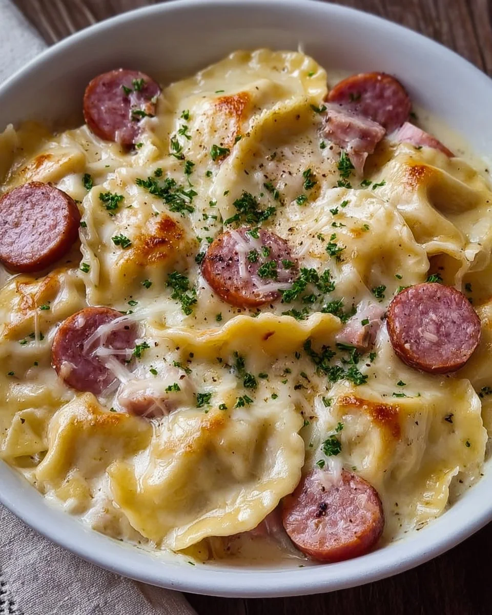 Crockpot Pierogi Casserole with Kielbasa served in a bowl