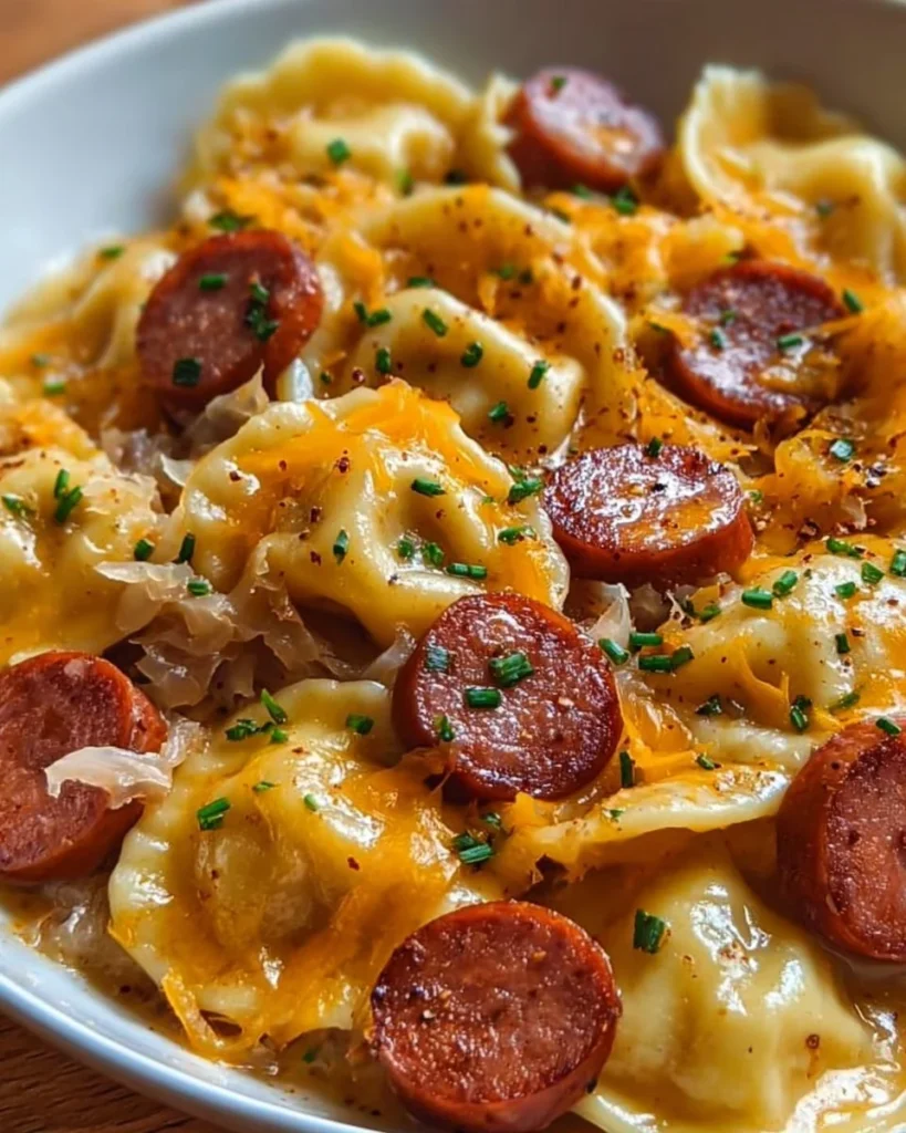 Delicious Crockpot Pierogi Casserole with Kielbasa topped with cheese