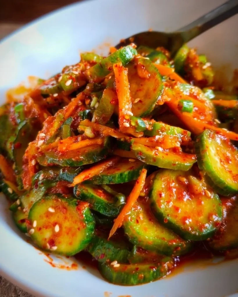 Bowl of easy cucumber kimchi (Oi Kimchi) with fresh ingredients and vibrant colors.