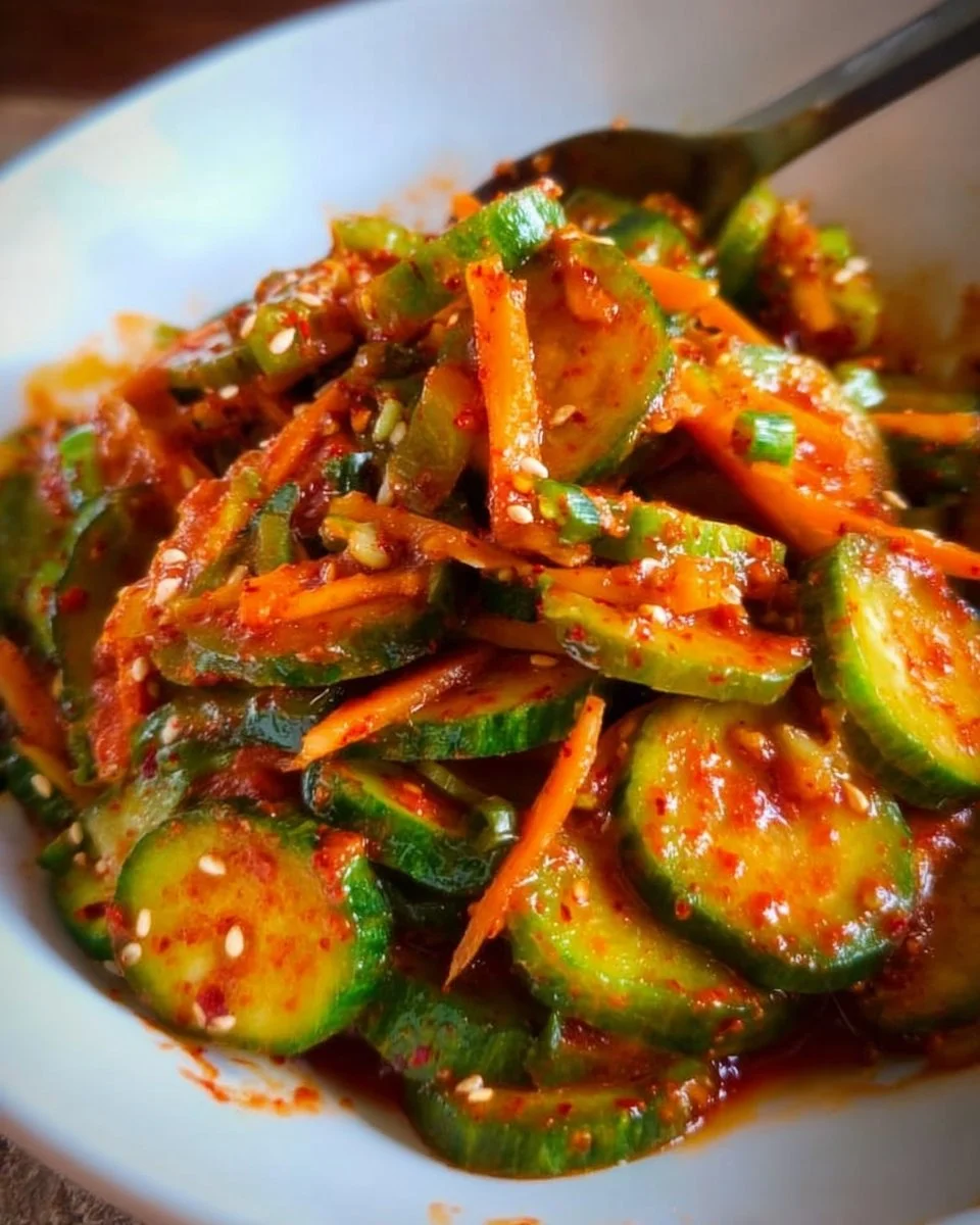 Bowl of easy cucumber kimchi (Oi Kimchi) with fresh ingredients and vibrant colors.
