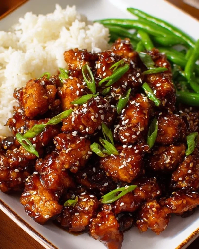 Easy high protein sesame chicken dish served with vegetables