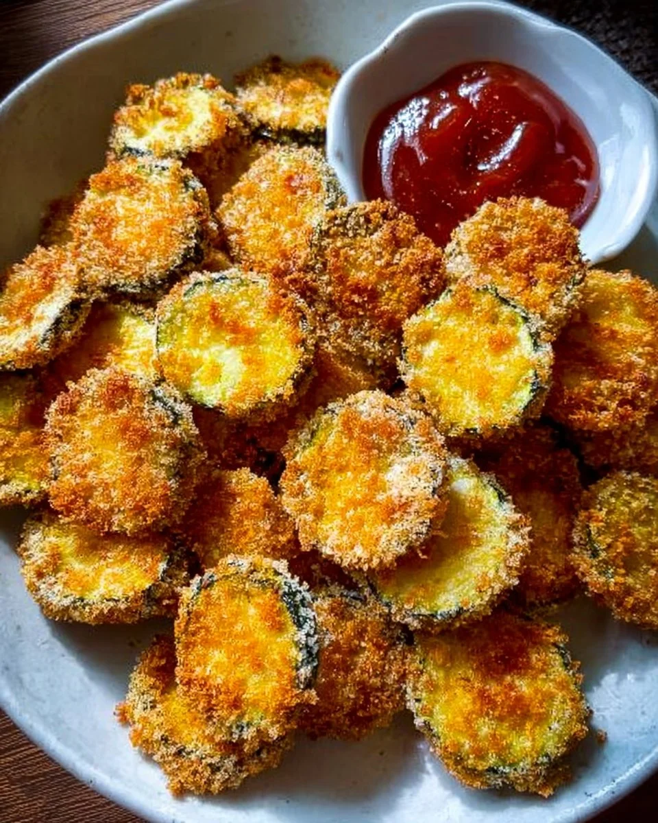 Eggless crispy fried zucchini served on a plate, garnished and ready to eat.