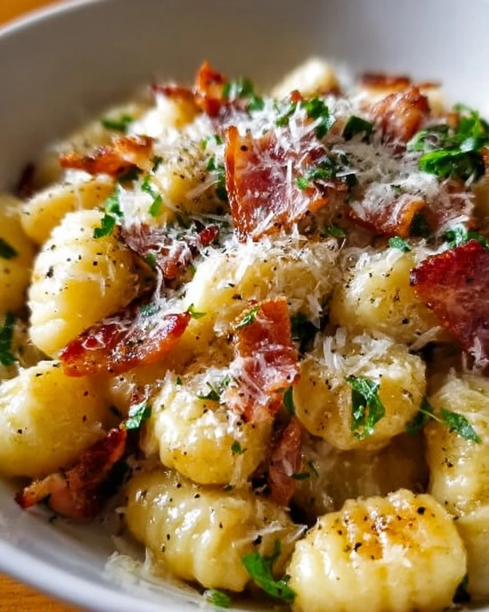 Plate of gnocchi carbonara topped with crispy bacon and grated parmesan cheese
