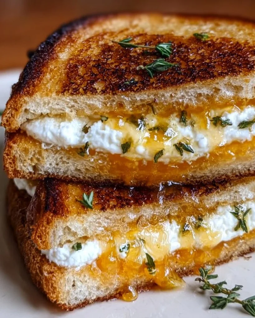 Goat cheese grilled cheese sandwich drizzled with honey on a plate