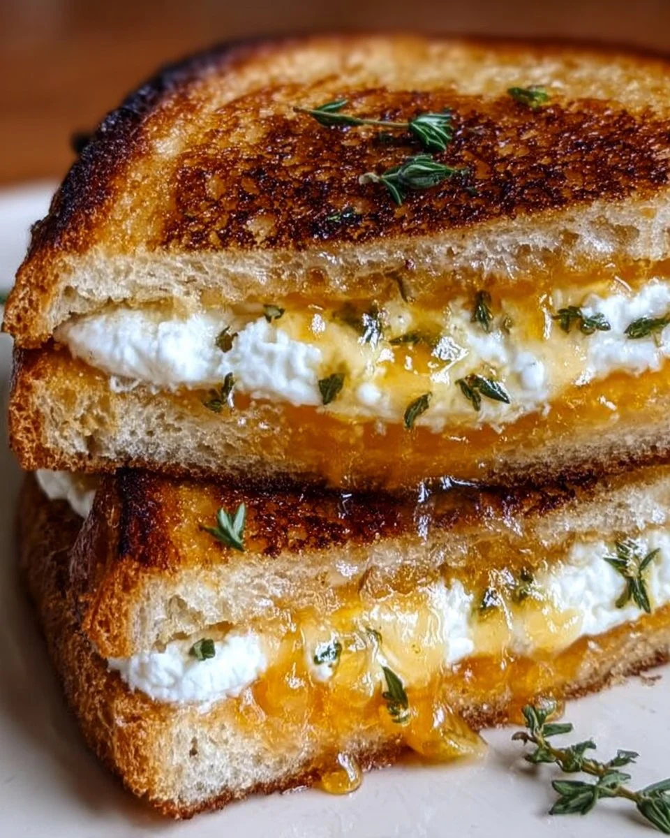 Goat cheese grilled cheese sandwich drizzled with honey on a plate