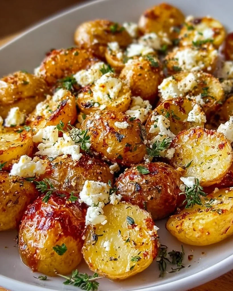 Baked Greek Feta Roast Potatoes garnished with herbs