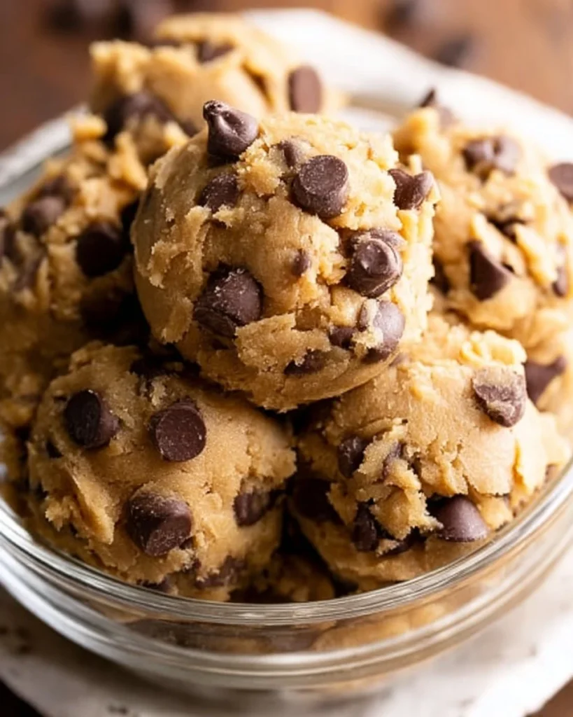 Bowl of healthy high protein cookie dough with chocolate chips and nuts.