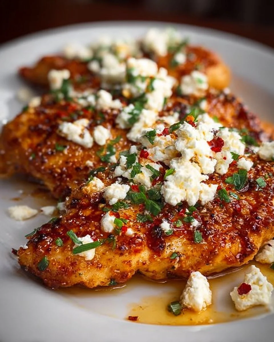 Hot Honey Feta Chicken served on a plate with garnishes