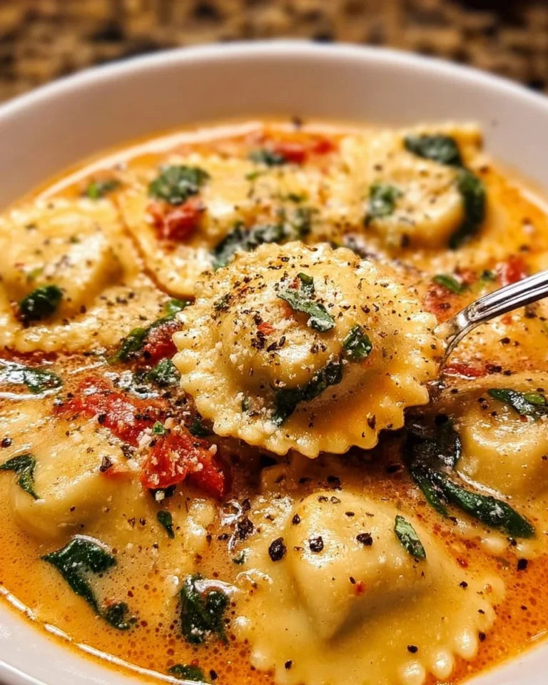 A bowl of Italian Tuscan ravioli soup with fresh herbs and vegetables