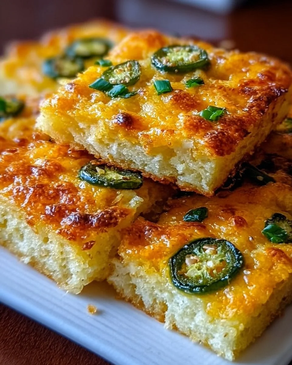 Plate of homemade Jalapeño Cheese Squares with a spicy cheese topping.
