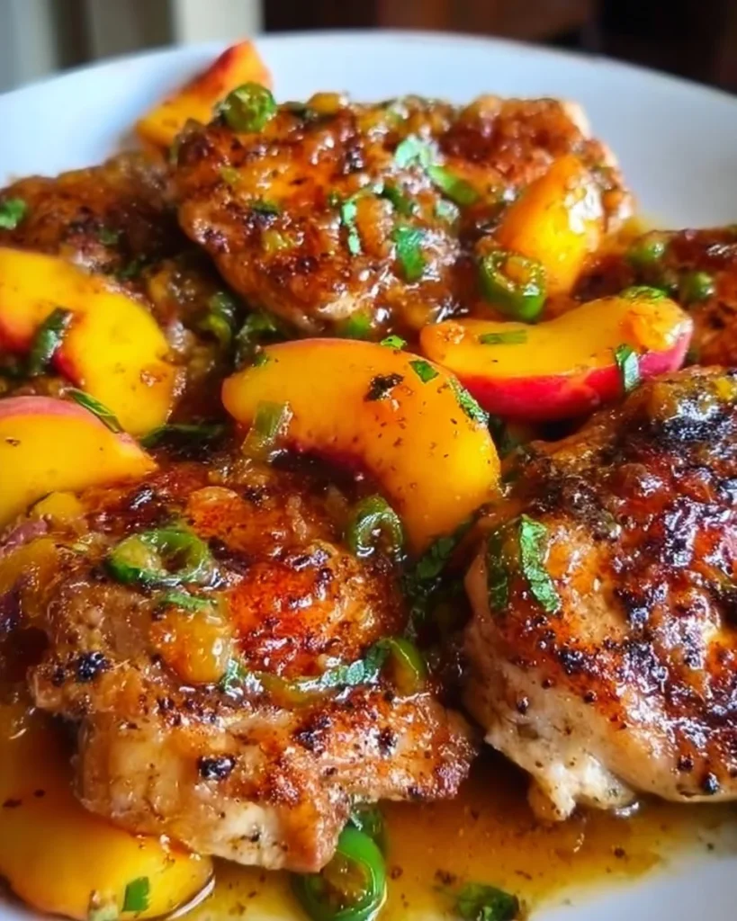 Jalapeno Peach Chicken on a plate garnished with herbs