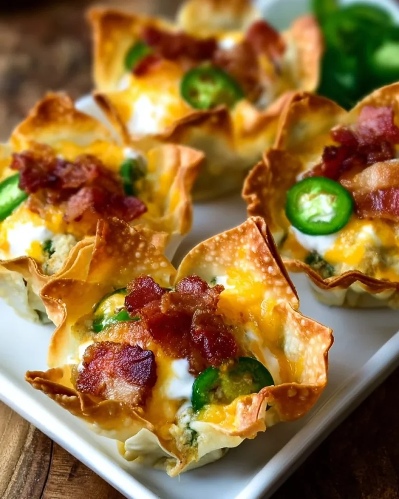 Jalapeño popper wonton cups filled with cream cheese and jalapeños.