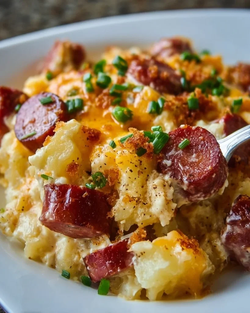 Cheesy Kielbasa Sausage Potato Casserole ready to serve