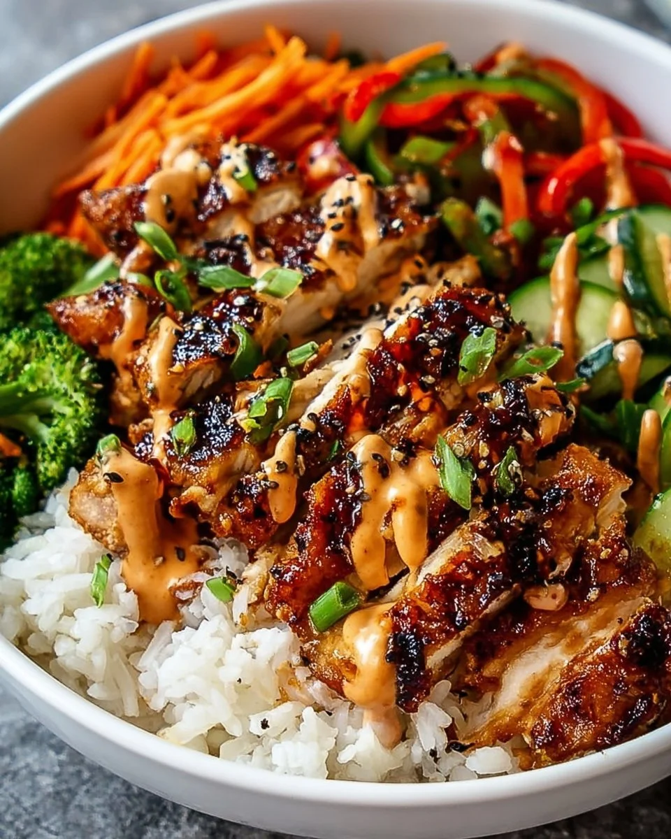 Korean BBQ Chicken Bowl with Gochujang Cream Sauce served in a cozy dish