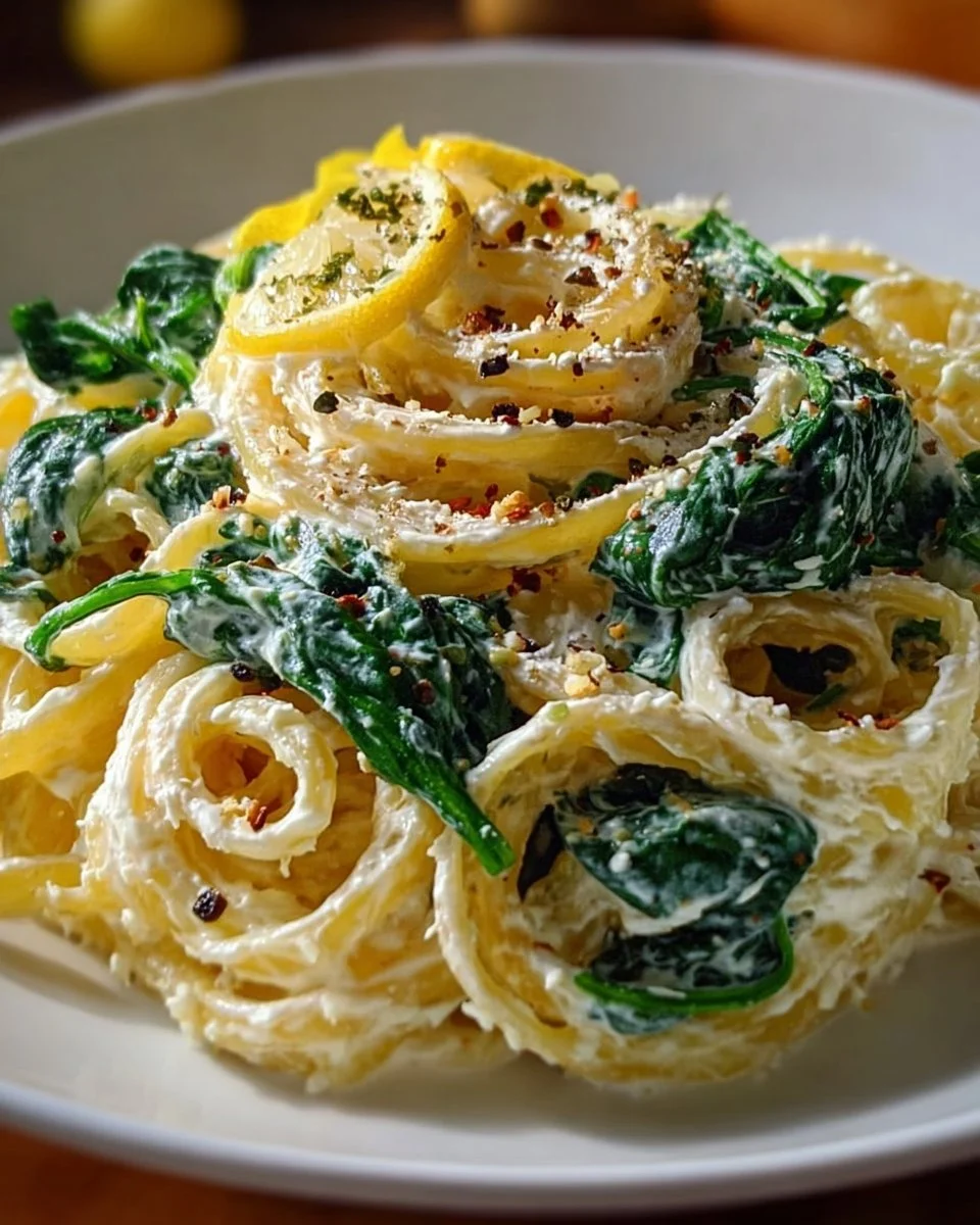 Serving of Lemon Ricotta Pasta with Spinach on a plate