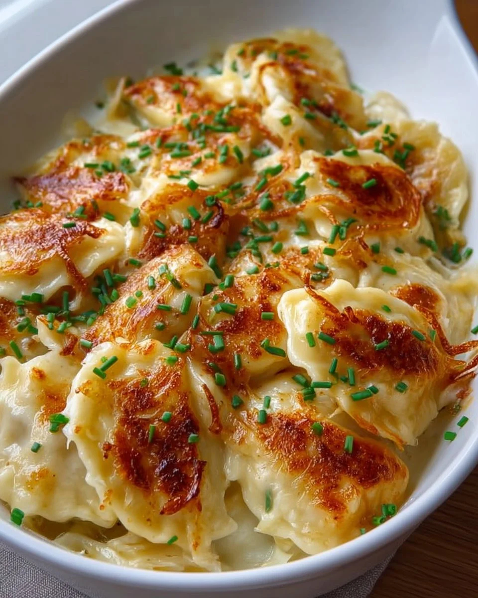 Lightened-Up Pierogi Casserole served in a dish with toppings.