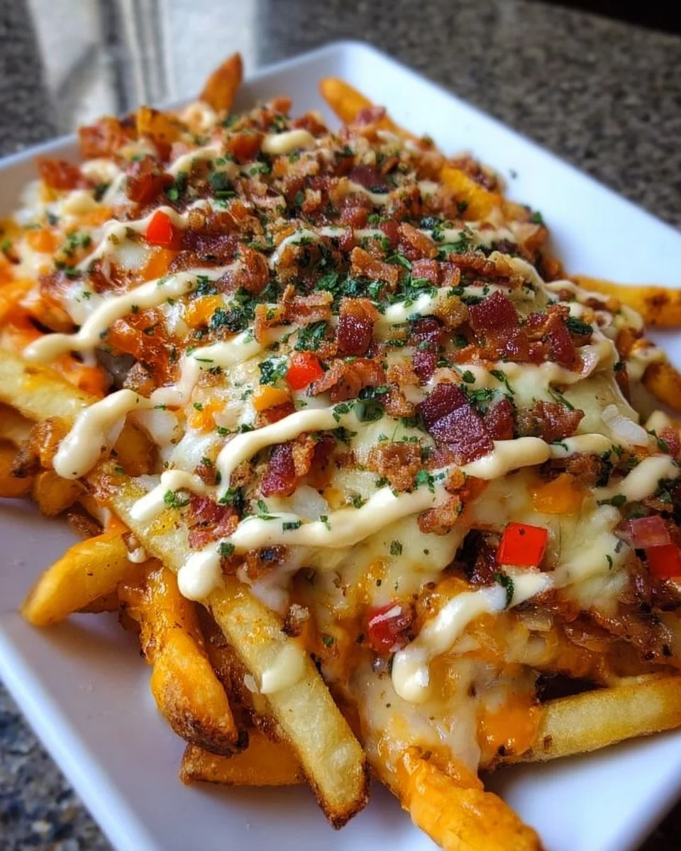 Plate of loaded dirty fries topped with cheese, sauce, and toppings