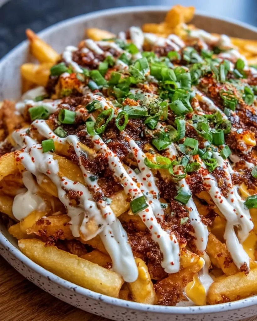 Delicious Louisiana Voodoo Fries topped with spices and sauces