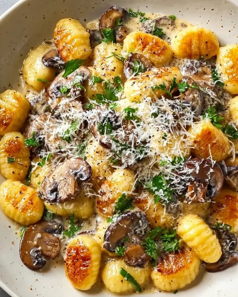 Mushroom gnocchi in creamy Parmesan sauce garnished with herbs
