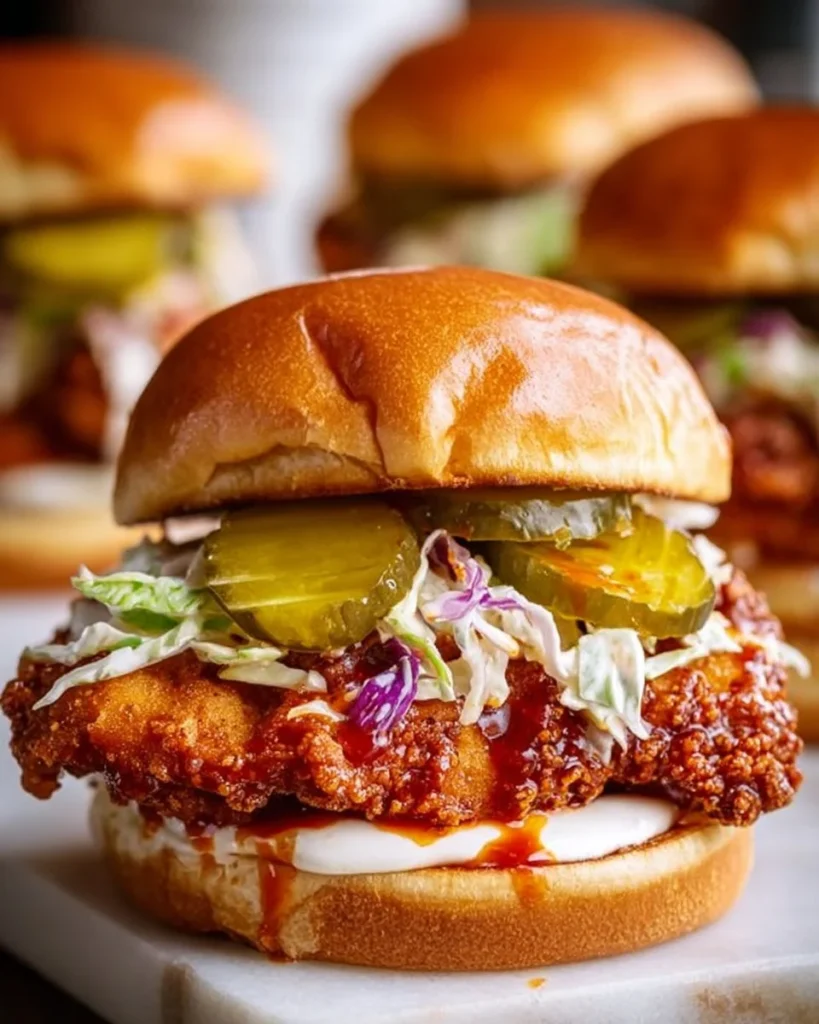 Delicious Nashville hot chicken sandwich with spicy crispy chicken and toppings