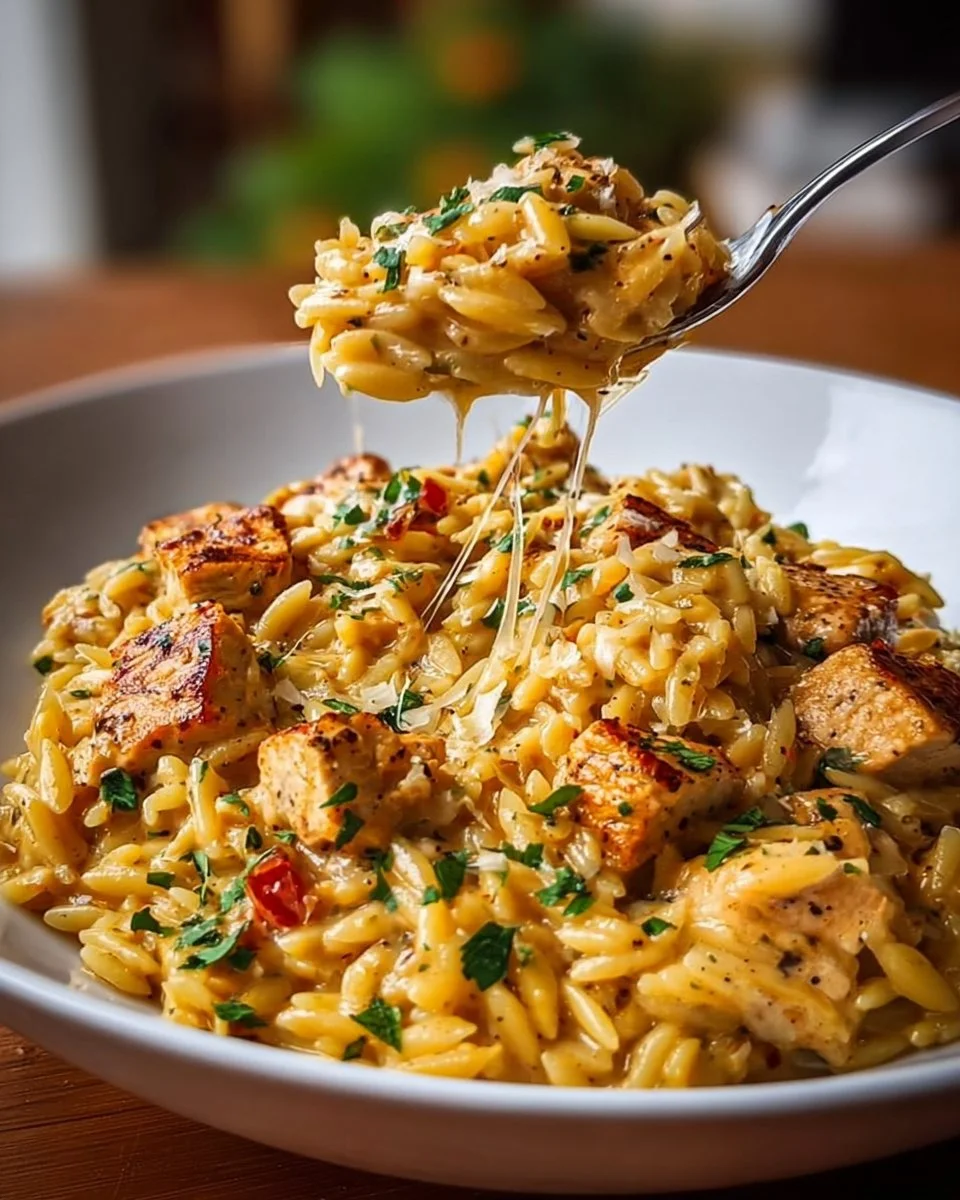 One Pot Cajun Chicken Alfredo Orzo dish with creamy sauce and spices