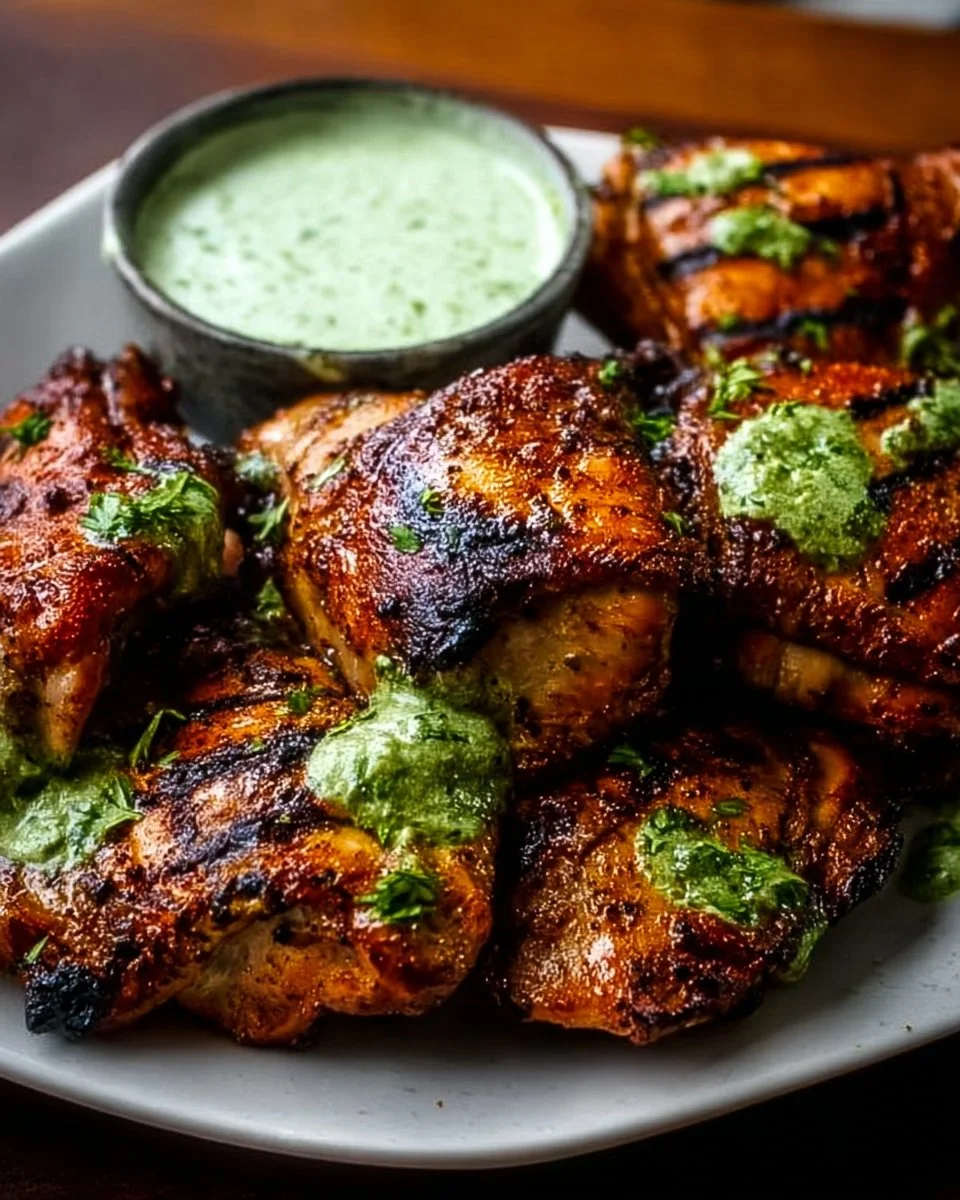 Peruvian grilled chicken served with creamy green sauce and spices