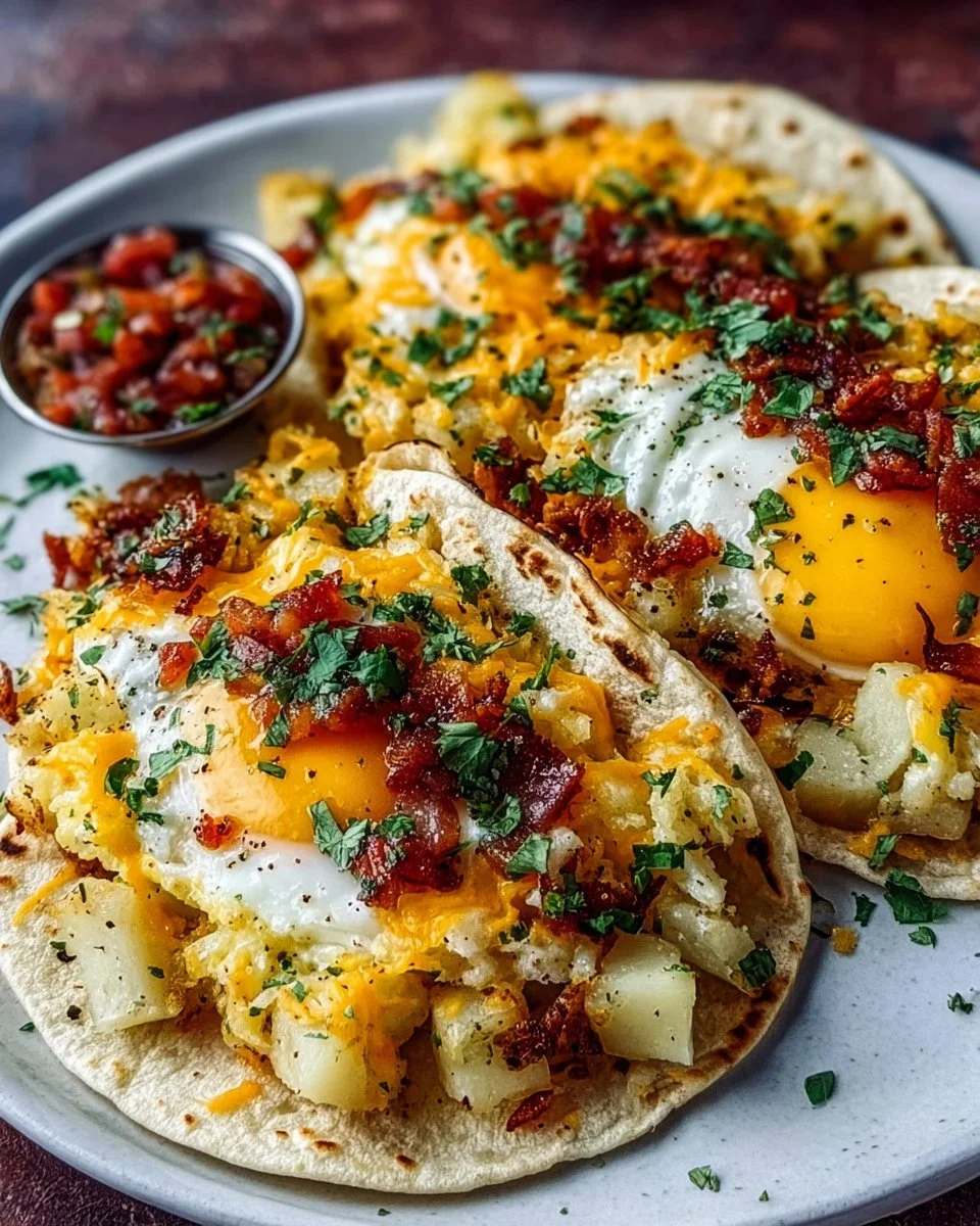 Delicious potato, egg, and cheese breakfast tacos on a plate