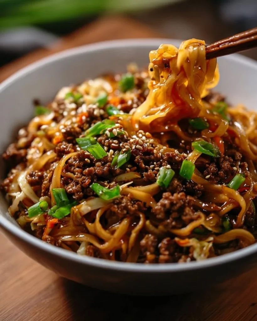 A flavorful Potsticker Noodle Bowl garnished with fresh vegetables and dumplings.