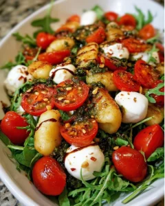 Roasted gnocchi salad with basil pesto, tomatoes, mozzarella, and arugula