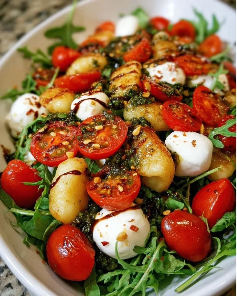 Roasted gnocchi salad with basil pesto, tomatoes, mozzarella, and arugula